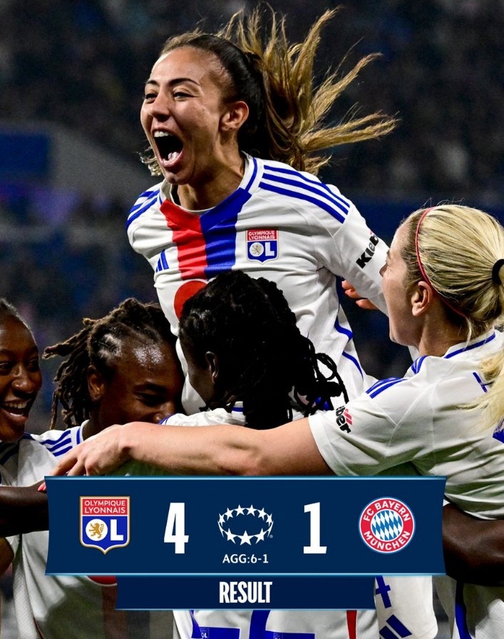 里昂女足4-1大勝拜仁女足，總比分6-1晉級女足歐冠半決賽